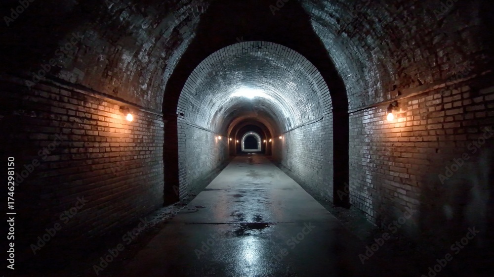 Obraz premium A long, dark, and abandoned brick tunnel with a wet, reflective floor and a series of dim, glowing lights leading into the distance.