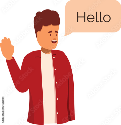 Friendly young man waving hello with a speech bubble