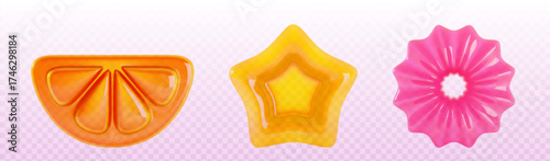 Glossy 3d jelly shape set with orange slice, yellow star and pink flower for candy design. Translucent gummy forms on transparent background. Colorful sweet treats and fruity confectionery elements.