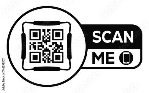 Minimalist black and white QR code label design with "SCAN ME" message, modern style, ideal for marketing, digital menus, business promotions, and mobile-based contactless solutions.	