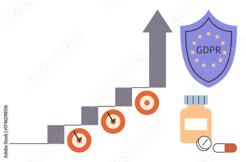 Upward arrow showing growth with targets, GDPR compliance shield, pills, and bottle. Ideal for data privacy, progress, healthcare, law, safety pharmaceuticals simple flat metaphor