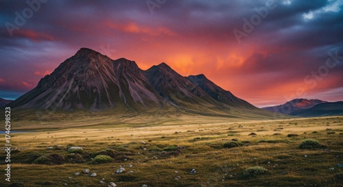 Dramatic mountain range bathed in a vibrant sunset, showcasing a vast, grassy plain and a colorful sky.