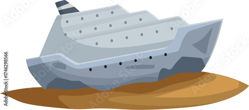 Beached shipwreck lying on a sandbar, representing maritime disaster and cruise liner grounding