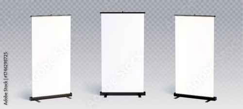 Blank roll up banner mockup displays with retractable stands for presentation and advertising materials. White vertical screens on transparent bg. Portable exhibition signage and trade show equipment.