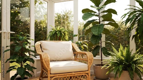 Sunroom interior design potted plants wicker furniture natural light greenery home garden space relaxation indoor plants conservatory aesthetic bright day
