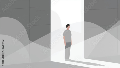 Illustration Of User Standing In A Literal Gray Shadow, Their Perfectly Visible Content Is Being Blocked By An Invisible Vector Design Template