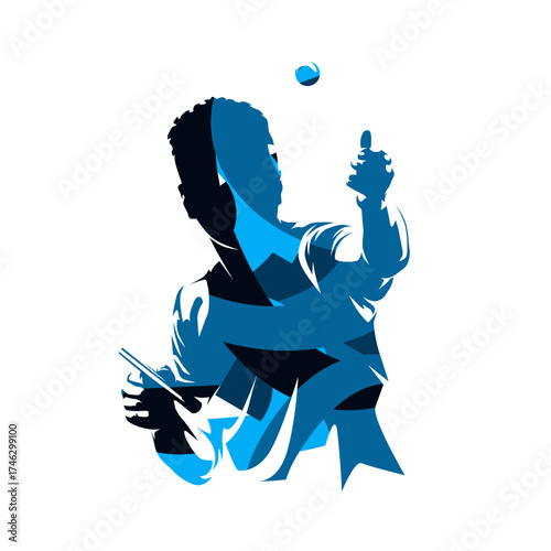 Table tennis logo, man playing ping pong, abstract isolated vector silhouette. Blue sports clip art