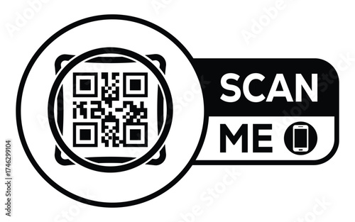 Minimalist black and white QR code label design with "SCAN ME" message, modern style, ideal for marketing, digital menus, business promotions, and mobile-based contactless solutions.	