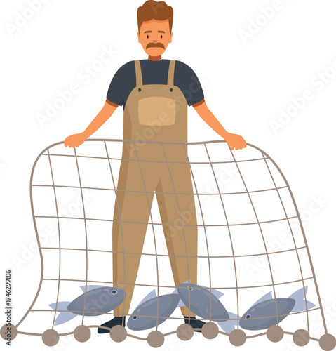 Fisherman pulling fishing net full of fish out of the water