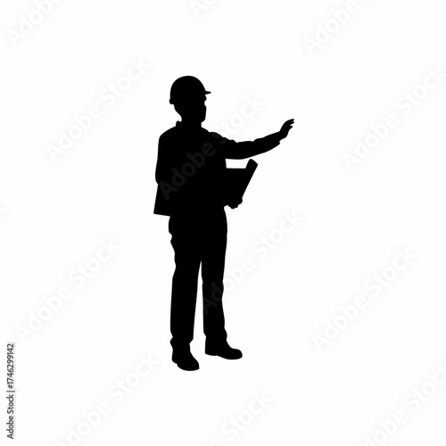 Architect explaining project to clients at construction site silhouette isolated on white background