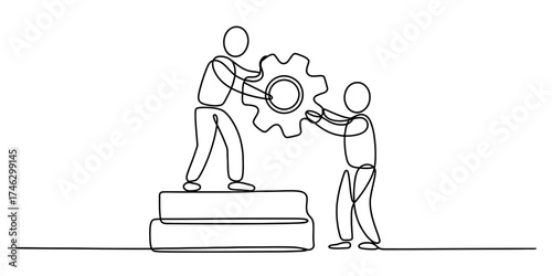 Continuous one line drawing of two people working together assembling a gear on a platform vector