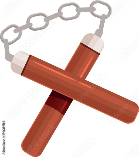 Wooden nunchaku, connected by metal chain, laying crossed, representing martial arts and self defense
