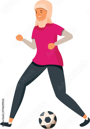 Young muslim woman athlete wearing pink sports jersey and hijab dribbling soccer ball