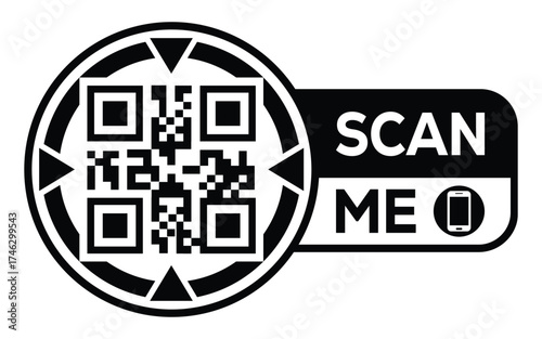Minimalist black and white QR code label design with "SCAN ME" message, modern style, ideal for marketing, digital menus, business promotions, and mobile-based contactless solutions.	