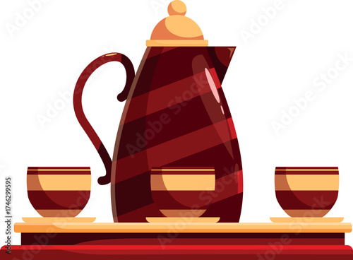 Red ceramic teapot and two cups standing on wooden tray, tea ceremony, hot beverage, breakfast or coffee break concept