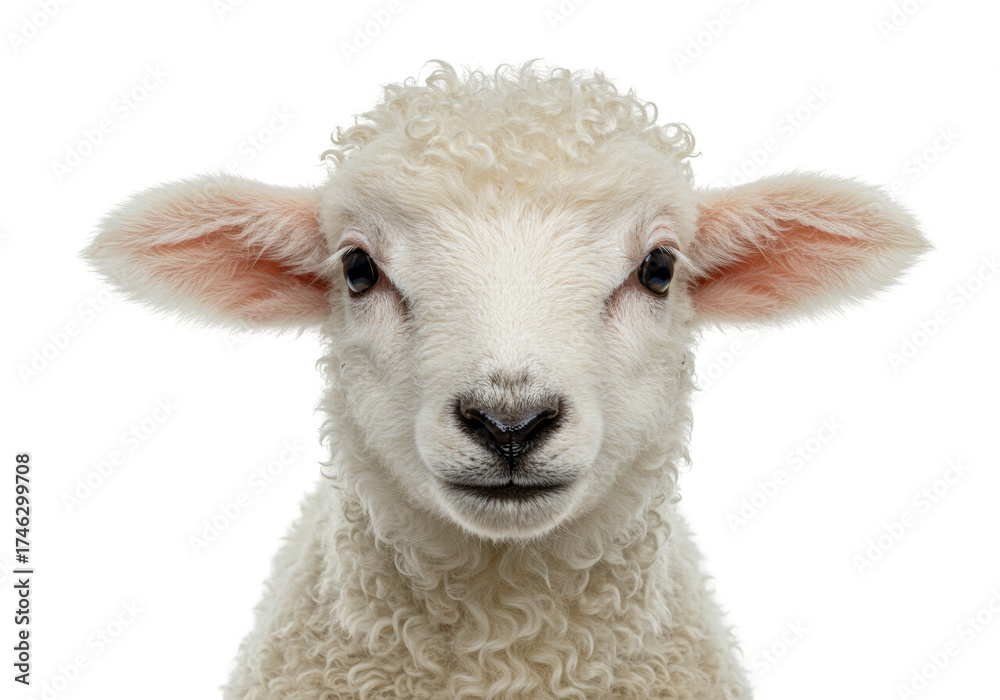 Fototapeta premium Adorable lamb face isolated on transparent background, close-up portrait of a cute baby sheep with fluffy wool and innocent eyes