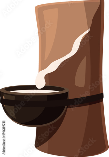 Rubber latex is dripping into a coconut shell bowl attached to a rubber tree, ready for the next step in rubber production