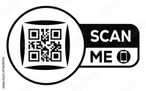 Minimalist black and white QR code label design with "SCAN ME" message, modern style, ideal for marketing, digital menus, business promotions, and mobile-based contactless solutions.	