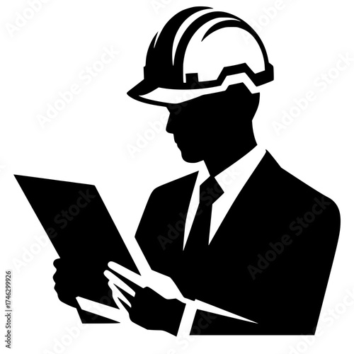 Creative Engineer with paper black vector icon with transparent background 