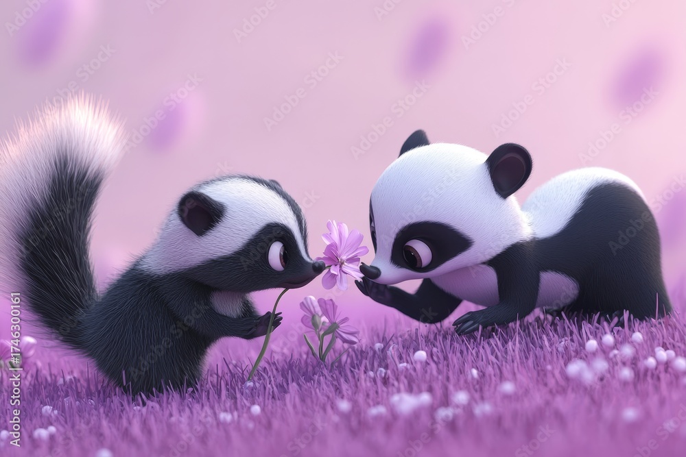 Naklejka premium A charming illustration of a raccoon and panda discovering a flower, set in a vibrant garden. This whimsical scene captures joy and friendship in nature.