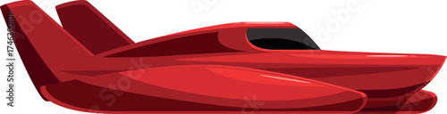 Red hydroplane speedboat gliding on water surface, side view