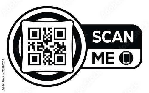 Minimalist black and white QR code label design with "SCAN ME" message, modern style, ideal for marketing, digital menus, business promotions, and mobile-based contactless solutions.	
