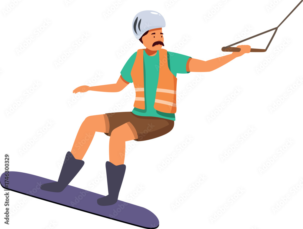 Obraz premium Wakeboarder wearing helmet and life jacket practicing wakeboarding holding a handle