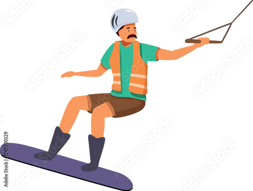 Wakeboarder wearing helmet and life jacket practicing wakeboarding holding a handle