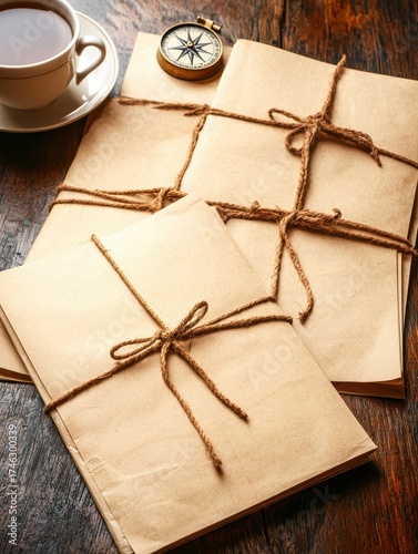 Rustic stationery with twine, compass, and coffee on wooden table