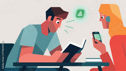 Illustration Of User Trying To Focus On A Real-World But Their Eyes Are Pulled Sideways By Glowing, Peripheral Phone Alerts Vector Design Template