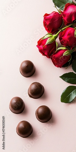 Red Roses and Delicious Chocolate Truffles on Soft Pink Background