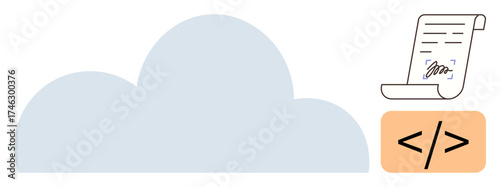 Cloud connected to digital document with signature and coding tag suggesting cloud storage, e-signatures, and technology. Ideal for business, technology, cloud computing, e-signatures, data