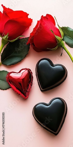 Romantic Composition of Red Roses and Heart-Shaped Chocolates