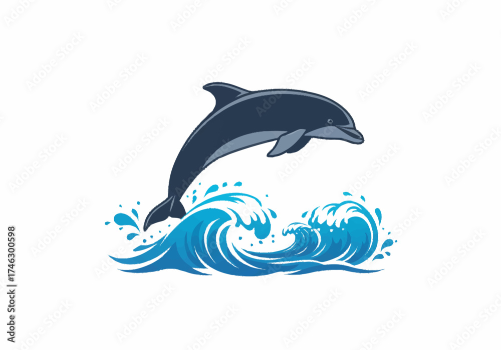 Fototapeta premium Cartoon Dolphin Leaping Over Ocean Waves in Blue and Gray.