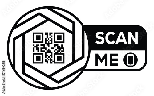Minimalist black and white QR code label design with "SCAN ME" message, modern style, ideal for marketing, digital menus, business promotions, and mobile-based contactless solutions.	
