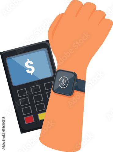 Hand with smartwatch making contactless payment on pos terminal