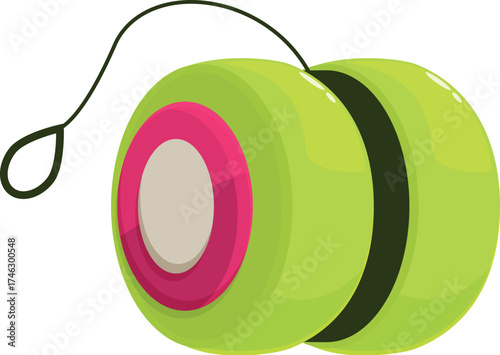 Classic yo yo toy with green plastic body, pink and white details, and black string, ready for fun and games