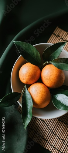 Fresh Oranges with Green Leaves in a Simple White Bowl Arrangement