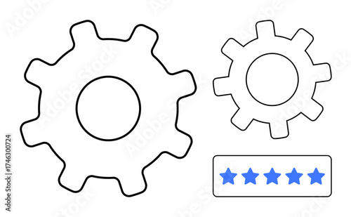 Two gear cogwheels and a five-star rating representing quality, teamwork, and operational enhancement. Ideal for concepts thumbs up productivity, reliability, collaboration, innovation, workflow