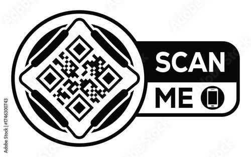 Minimalist black and white QR code label design with "SCAN ME" message, modern style, ideal for marketing, digital menus, business promotions, and mobile-based contactless solutions.	