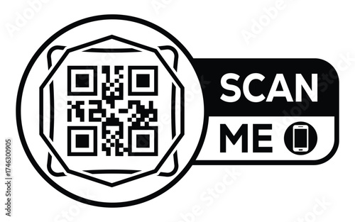 Minimalist black and white QR code label design with "SCAN ME" message, modern style, ideal for marketing, digital menus, business promotions, and mobile-based contactless solutions.	