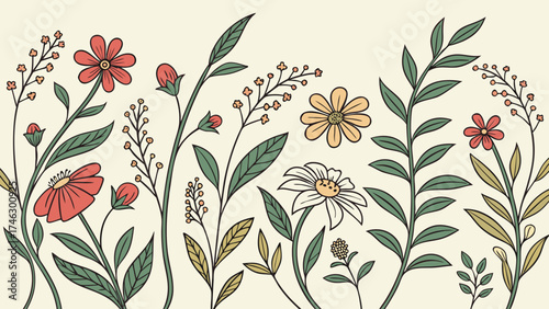 A decorative illustration featuring various stylized flowers and foliage against a neutral background.