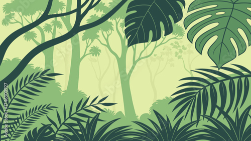 A lush, green jungle scene featuring various trees, foliage, and leaves, creating a dense forest environment.
