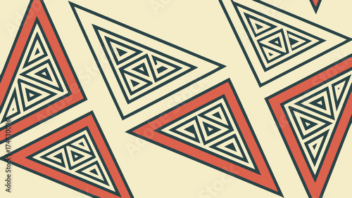Abstract geometric pattern featuring nested triangles in red, cream, and dark teal colors.