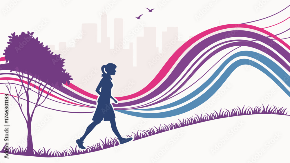 Naklejka premium Silhouette of a woman walking on a hill with a cityscape and abstract waves in the background.