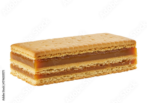 Delicious alfajor cookie isolated, a traditional Argentine confection with dulce de leche filling on a plain background