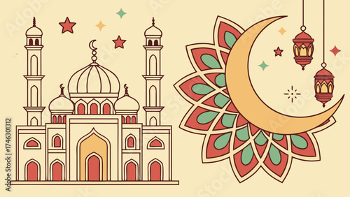 Illustration depicting a mosque, crescent moon, and decorative lanterns, celebrating a cultural event.