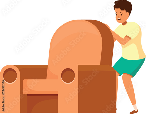 Young boy pushing a heavy armchair, depicting moving, relocation, and furniture transportation