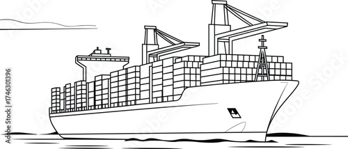 Cargo container ship illustration, ocean freight transport, maritime logistics, shipping industry concept, global trade vessel, seaport delivery, export import ship