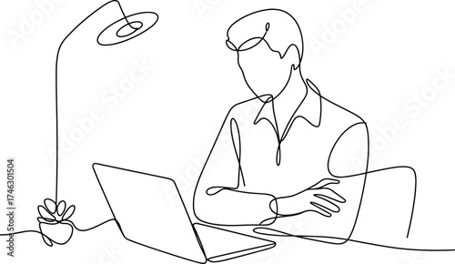 Man working on laptop, office desk illustration, continuous line art, remote work concept, modern workplace drawing, minimalist business design, creativity scene